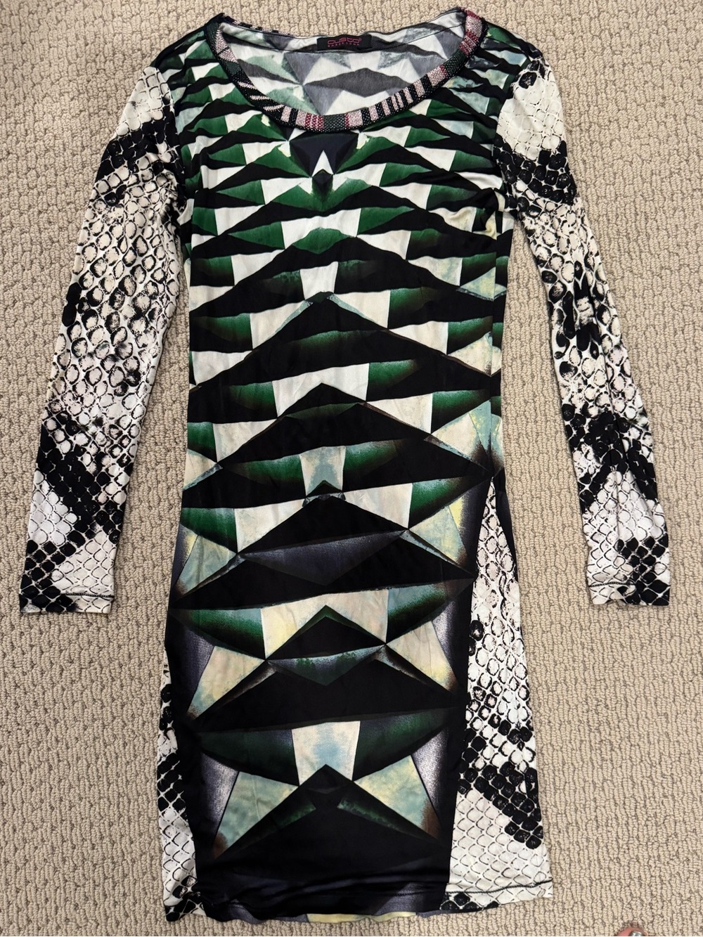 Custo Barcelona Green Black White Geometric & Snake-Print Long Sleeve Dress